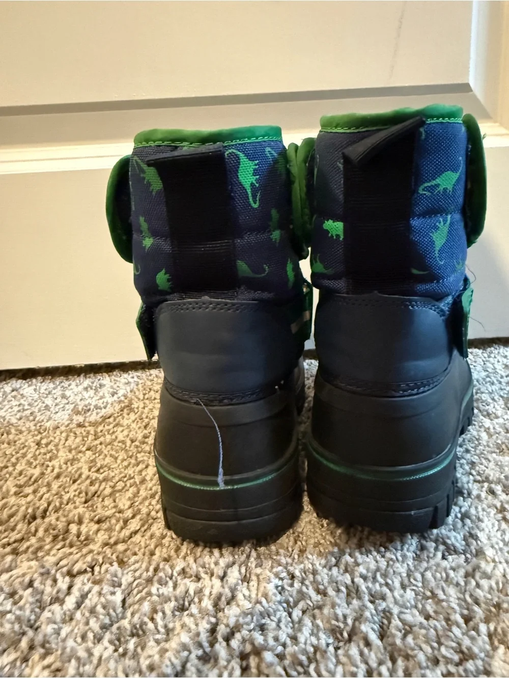 Kids Navy and Green Dinosaur Snow Boots with Insulated Lining